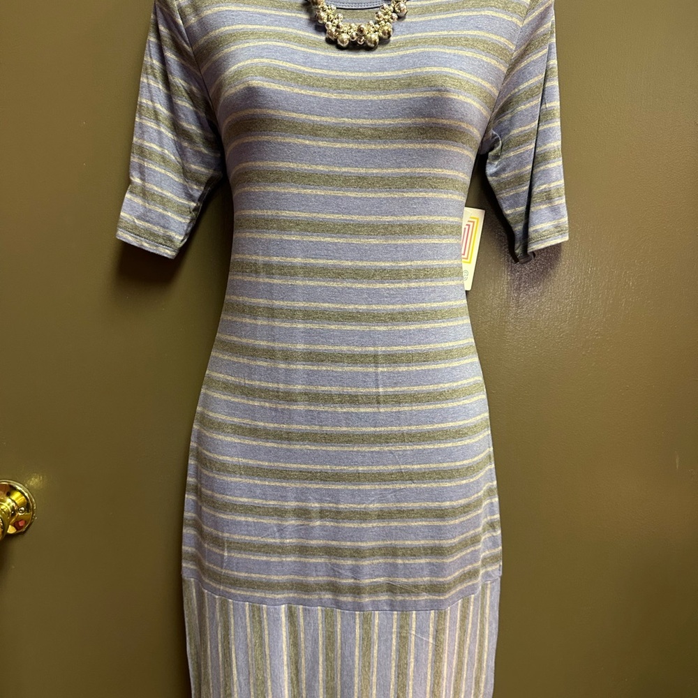 LuLaRoe Gray and White Striped Midi Dress